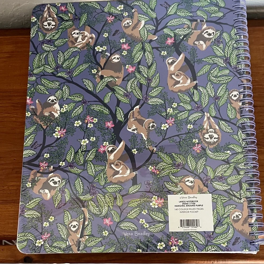 Vera Bradley Hanging Around Large Sloth Spiral Notebook w pocket insert NIP